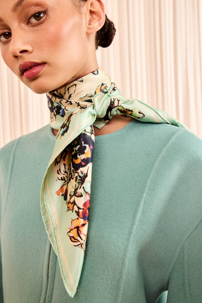 Jasmine Floral Silk Square Scarf Tied at Neck, Close-Up on Model | Ulla Johnson