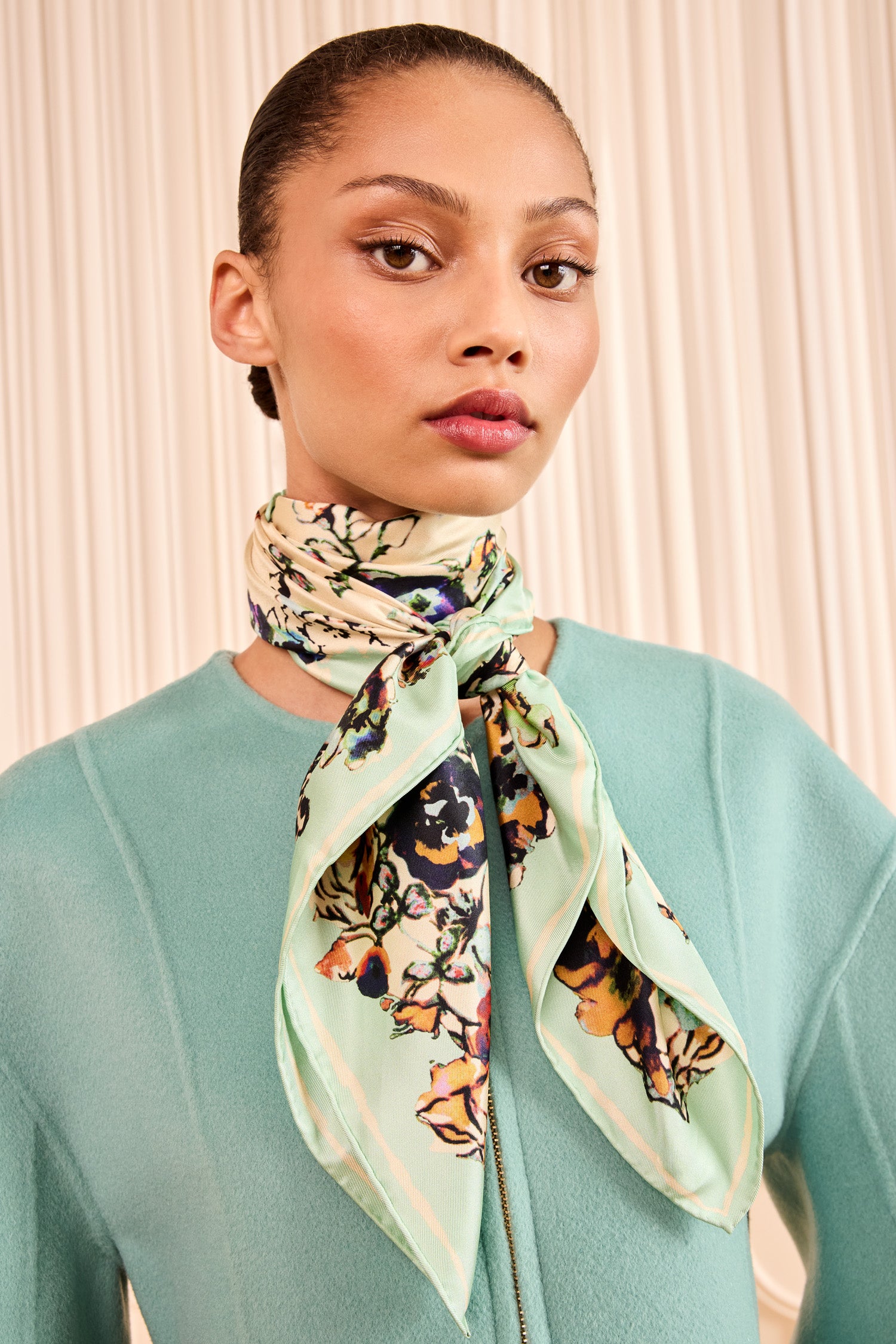 Ulla Johnson Jasmine Floral Silk Scarf Knotted at Neckline, Front View on Model | Ulla Johnson
