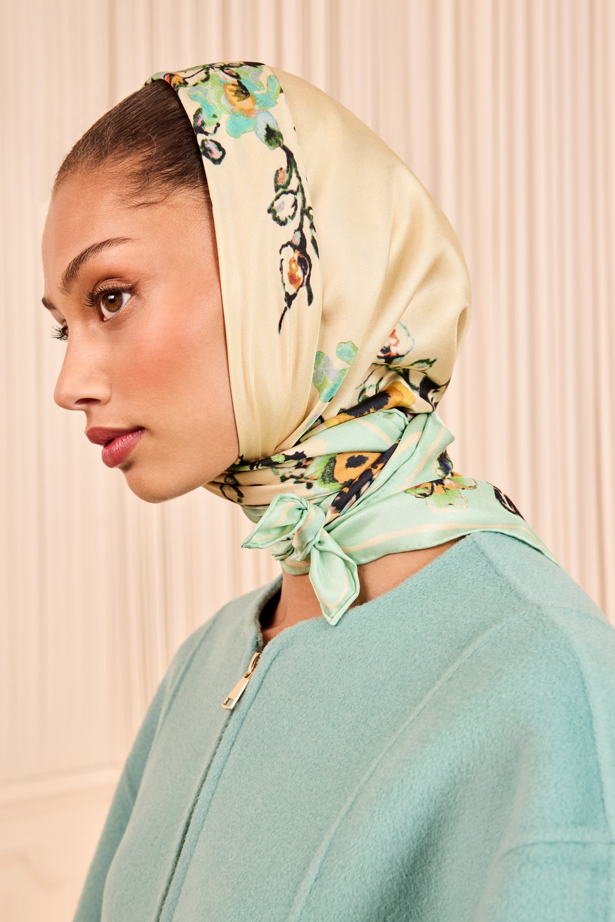 Jasmine Floral Silk Square Scarf Worn as Head Wrap, Side Profile | Ulla Johnson