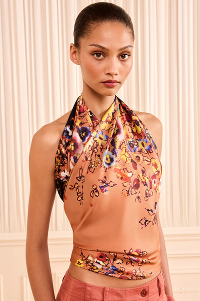 Primrose Luxury Silk Square Scarf - On Model, Styled as Halter Top | Ulla Johnson