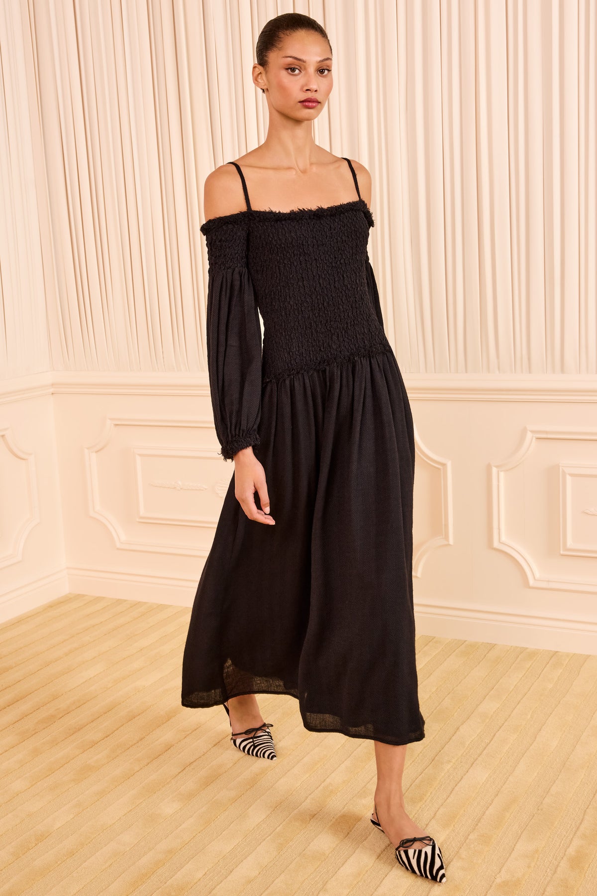 Black Cotton Wool Gauze Off-Shoulder Smocked Midi Dress - Front View On Model | Ulla Johnson