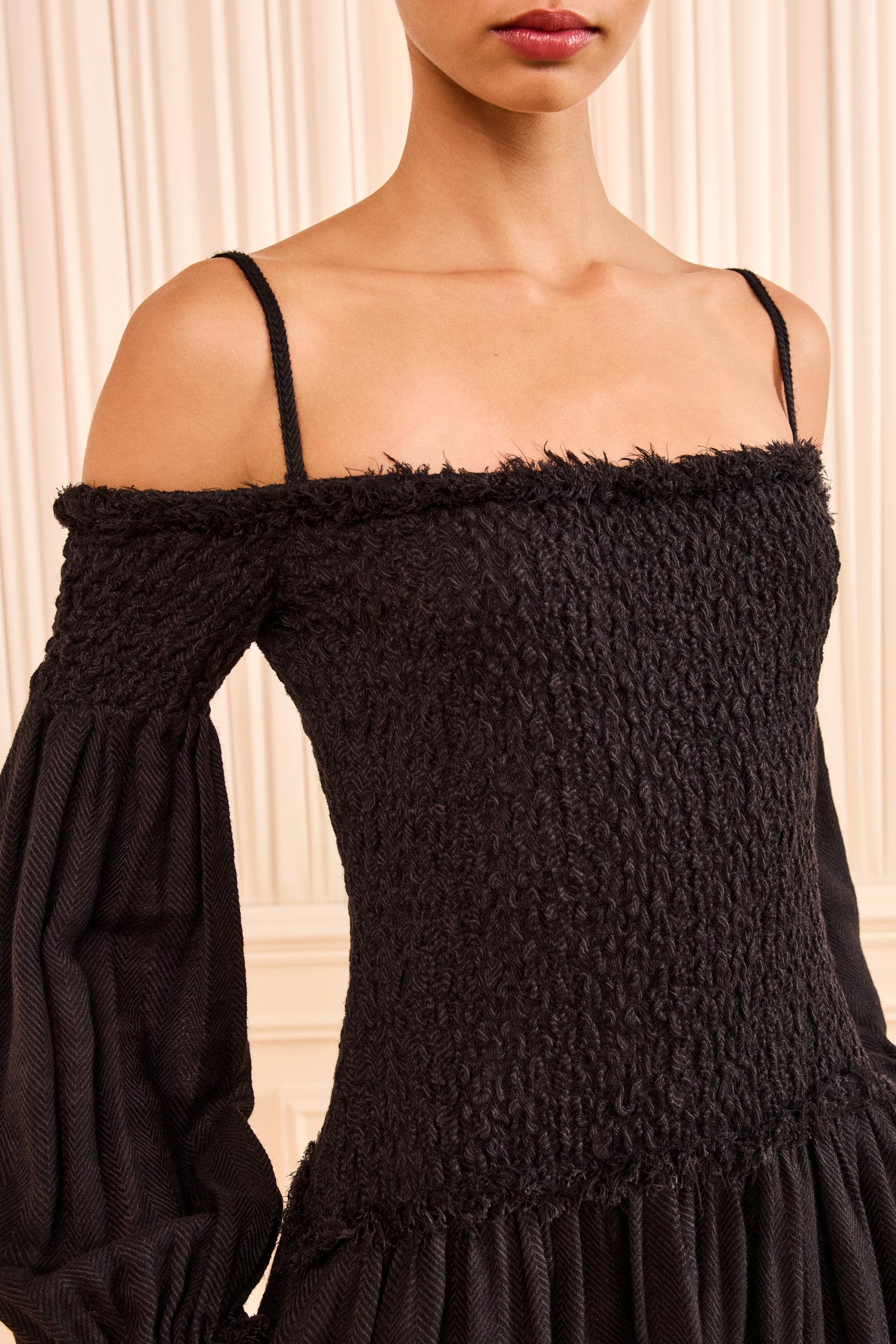 Ulla Johnson Black Smocked Bodice Off-Shoulder Dress - Close-Up Bodice Detail | Ulla Johnson