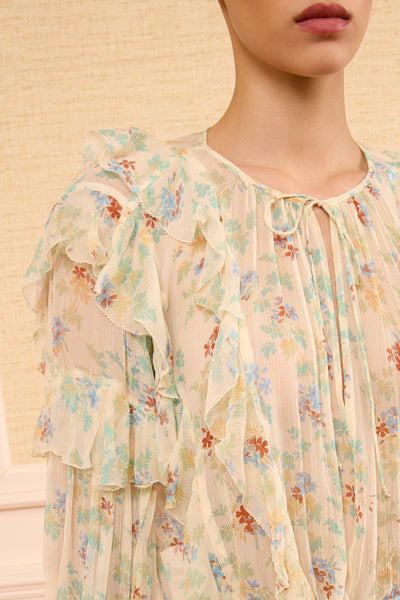 Moon Petal Silk-Chiffon Blouse - Ruffle & Tie Neckline Close-Up Detail | Ulla Johnson