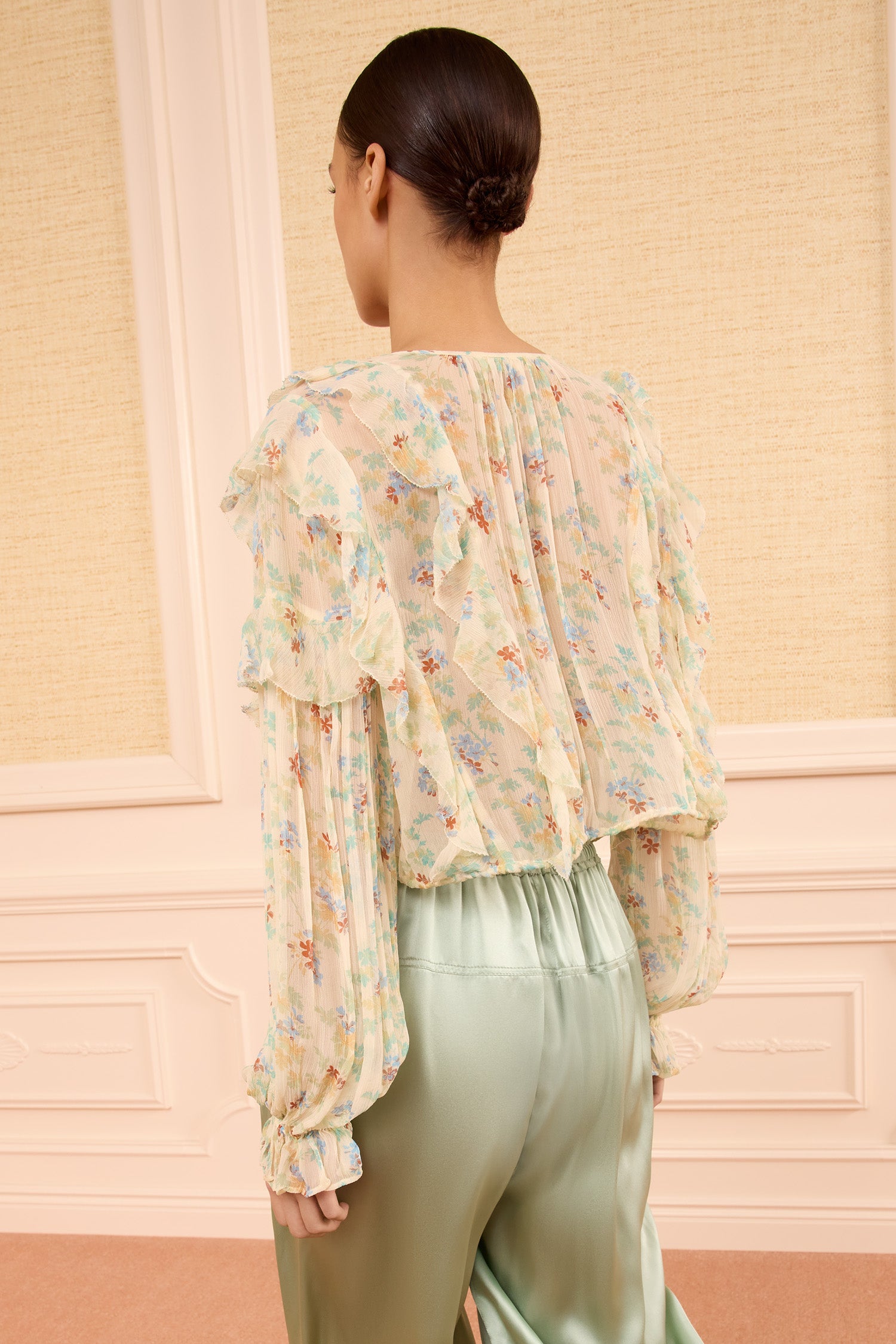 Ulla Johnson Moon Petal Floral Silk-Chiffon Ruffled Blouse - Back View On Model | Ulla Johnson