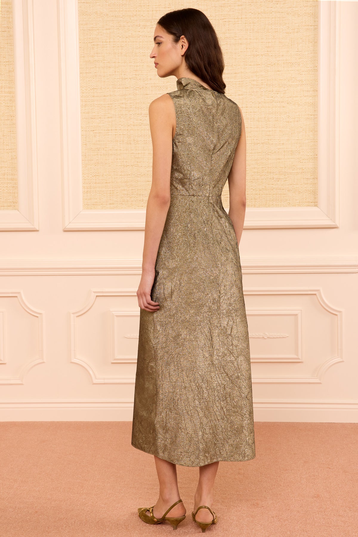 Light Gold Taffeta Midi Dress - Back View On Model | Ulla Johnson