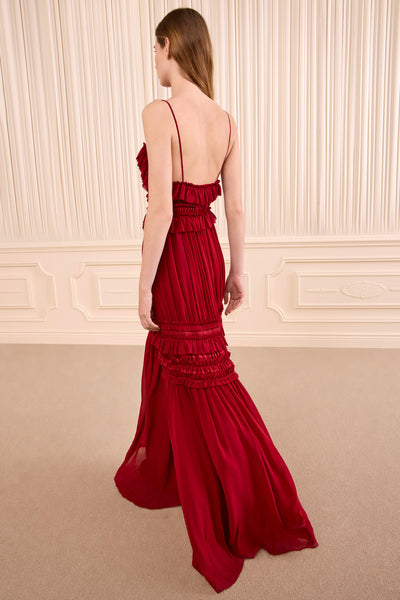 Cerise Silk Crinkle Chiffon Gown - Open Back View on Model | Ulla Johnson