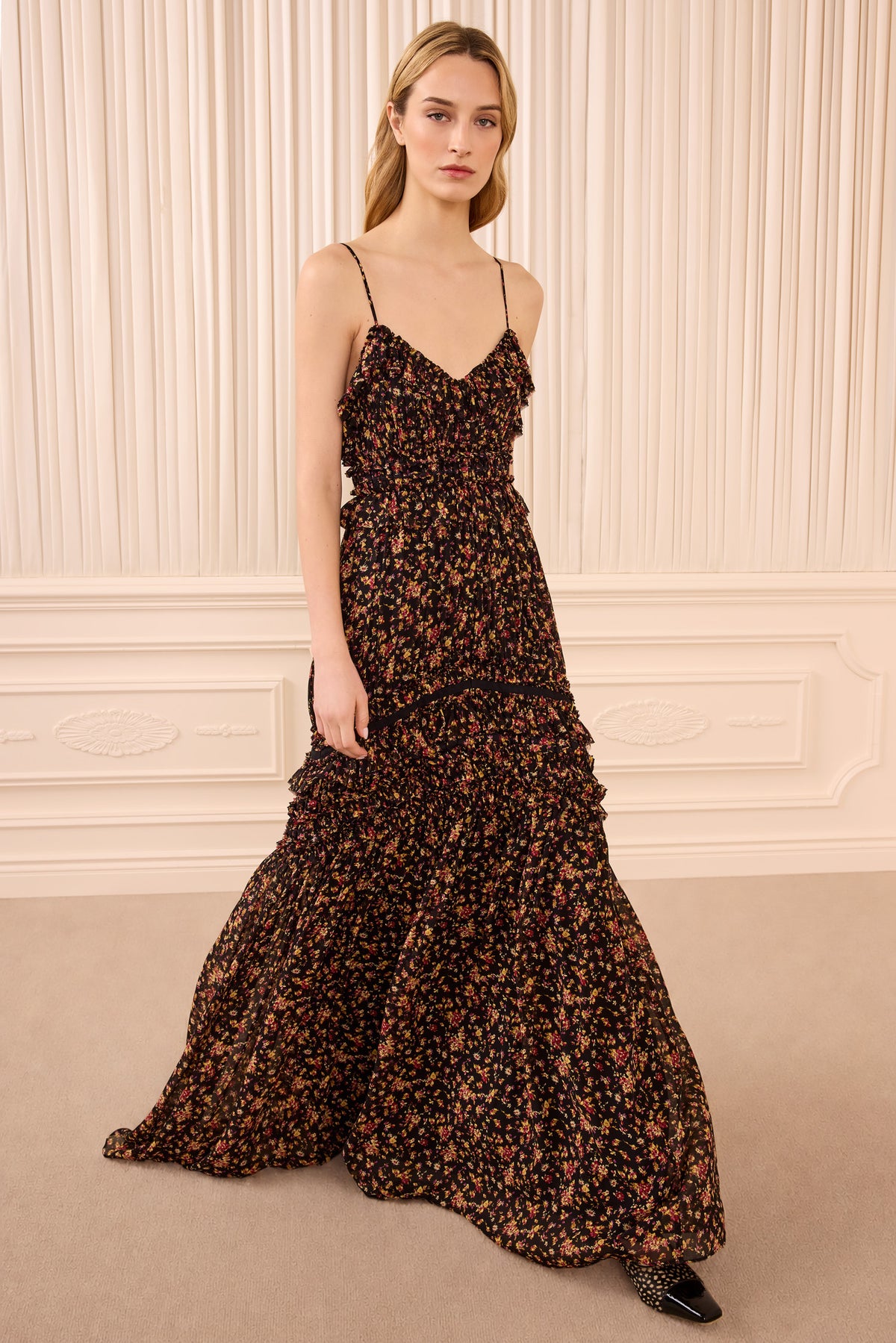 Noir Floral Silk Chiffon Sleeveless Gown - Front View On Model | Ulla Johnson