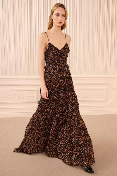 Noir Floral Silk Chiffon Sleeveless Gown - Front View On Model | Ulla Johnson
