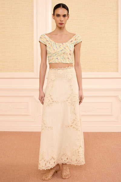 Ivory Linen Embroidered Midi Skirt - Front View On Model | Ulla Johnson
