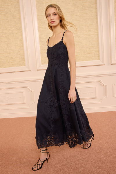Noir Flora Cami Linen Dress, embroidered lace hem, asymmetric skirt - Side View On Model | Ulla Johnson