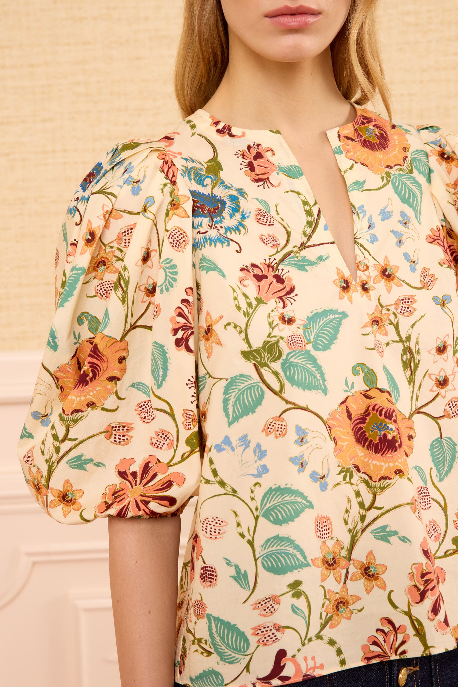 Ulla Johnson Abalone Floral Cotton Top - Split Neckline and Puff Sleeve Detail | Ulla Johnson
