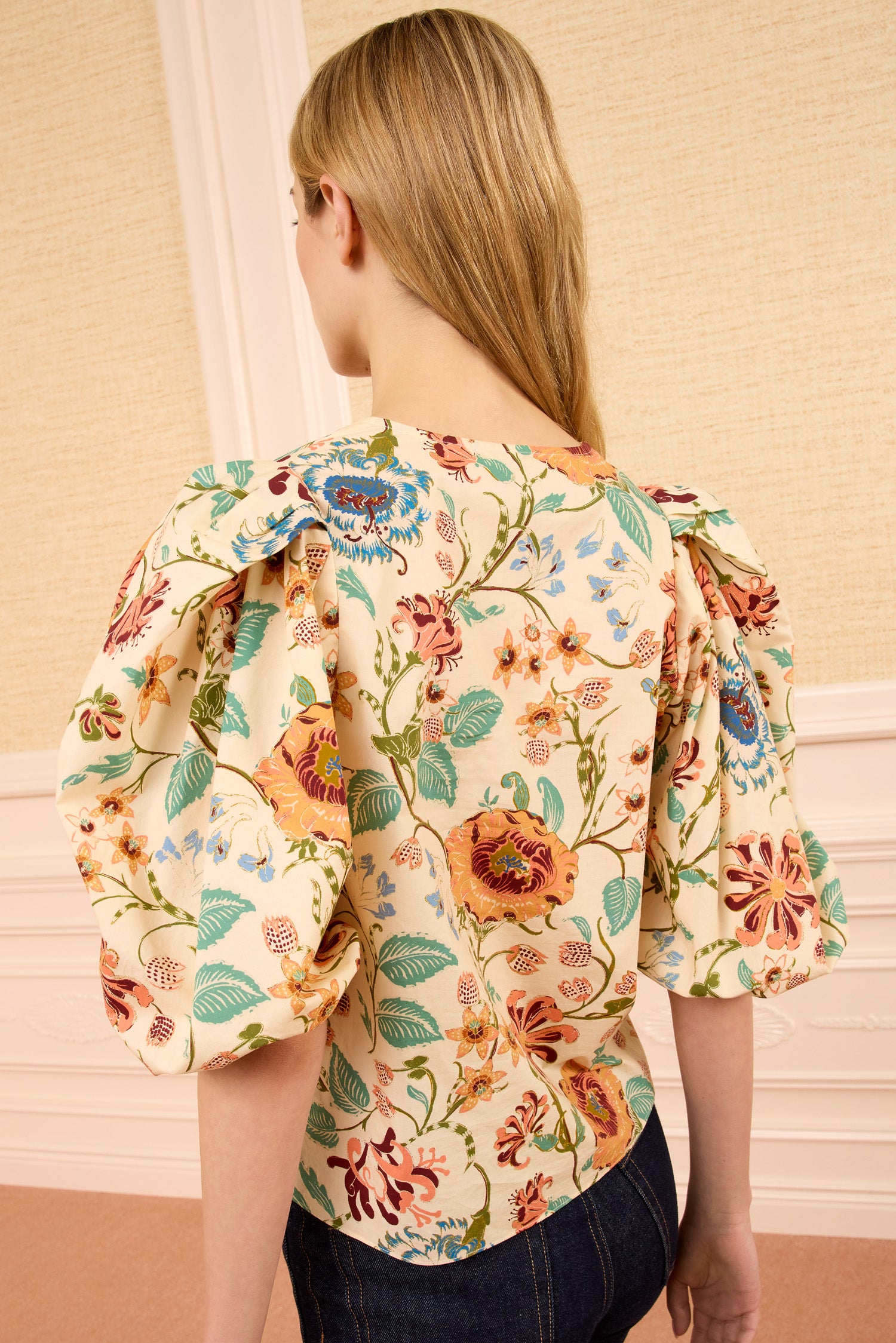 Ulla Johnson Abalone Floral Cotton Puff Sleeve Top - Back View On Model | Ulla Johnson