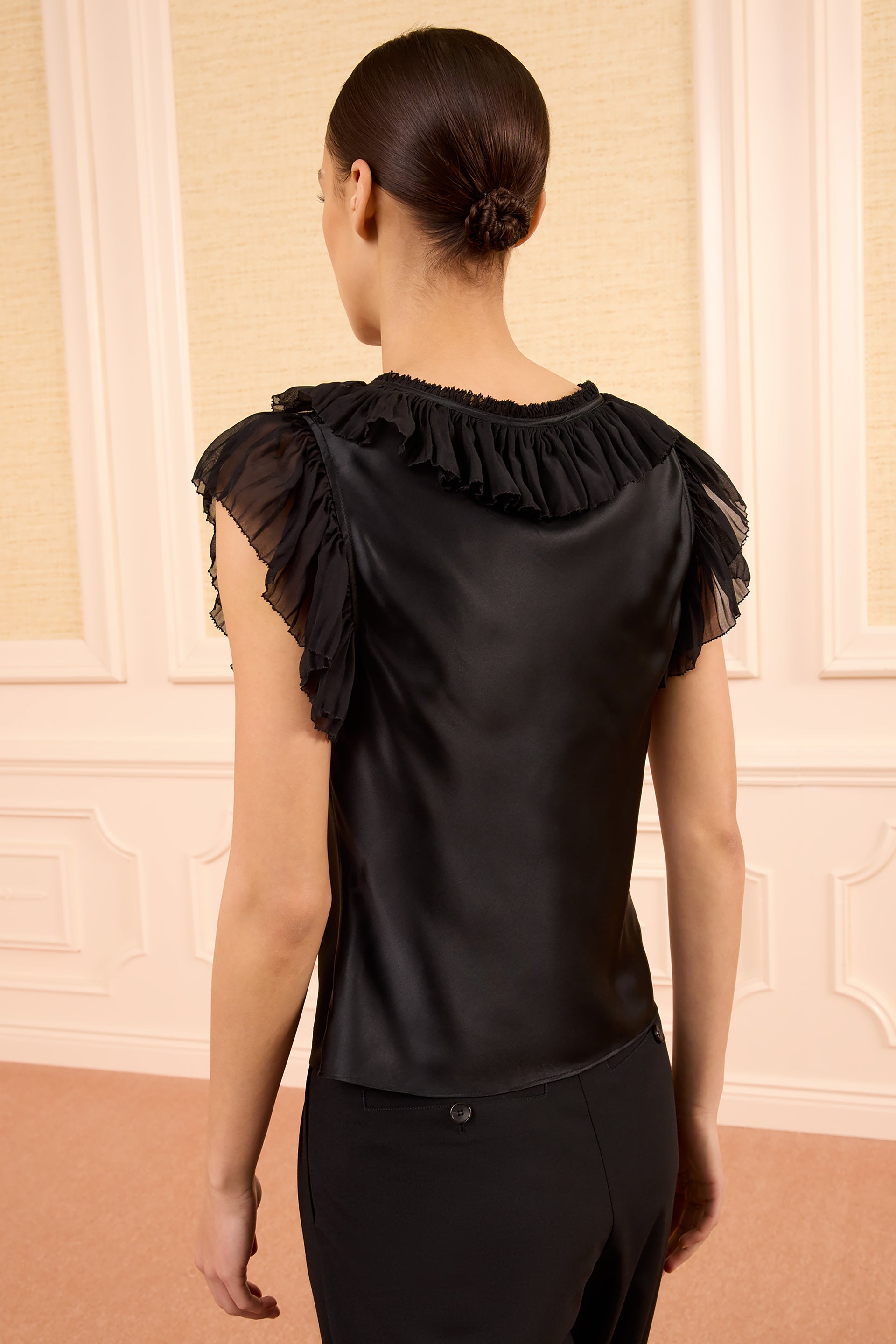 Ulla Johnson Black Washed Silk-Satin Lace-Up Top with Ruffled Chiffon Flutter Sleeves - Back View | Ulla Johnson