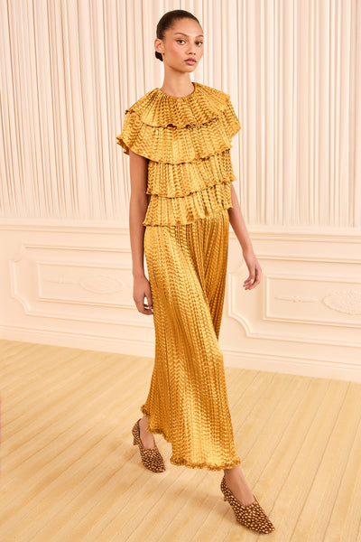 Topaz Satin Tiered Ruffle Top - Full Length Front View On Model | Ulla Johnson