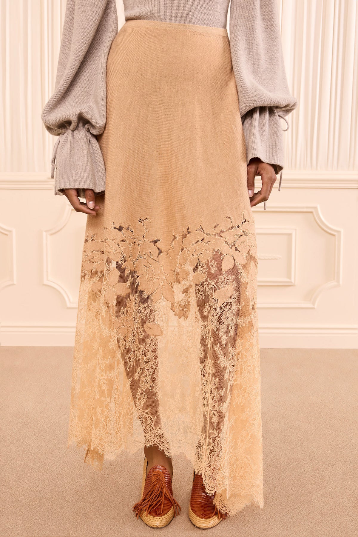 Almond Merino Wool Lace Midi Skirt - Floral Lace Hem Detail, On Model | Ulla Johnson