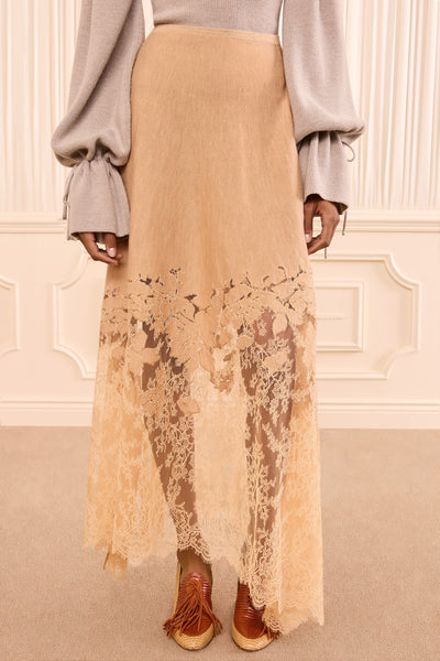 Almond Merino Wool Lace Midi Skirt - Floral Lace Hem Detail, On Model | Ulla Johnson