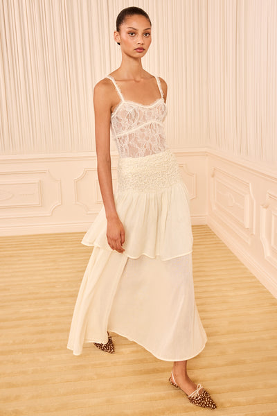 Cowrie Cotton Wool Tiered Midi Skirt - Front View On Model | Ulla Johnson