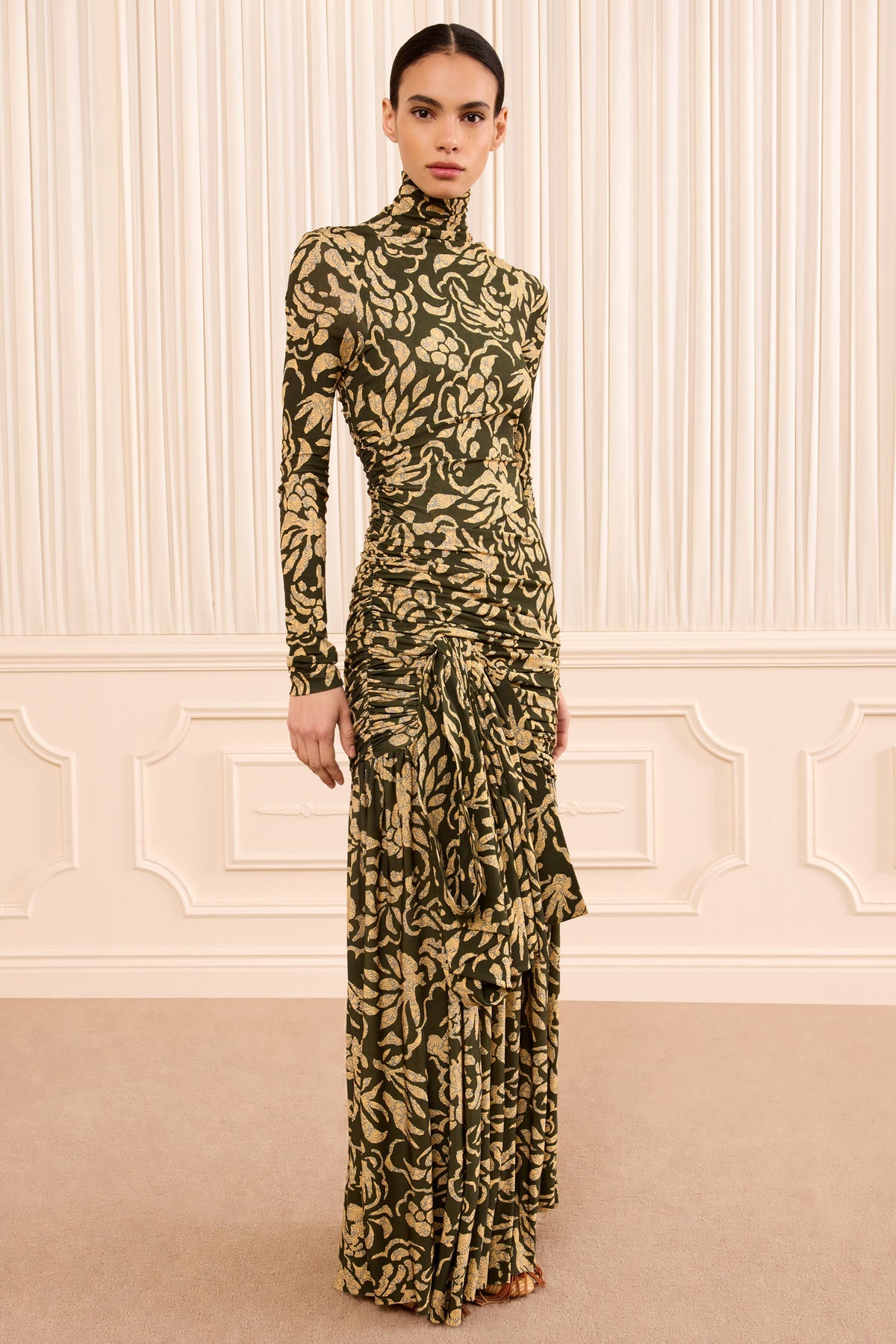 Khaki Floral Designer Maxi Dress - Full Length Front, On Model | Ulla Johnson