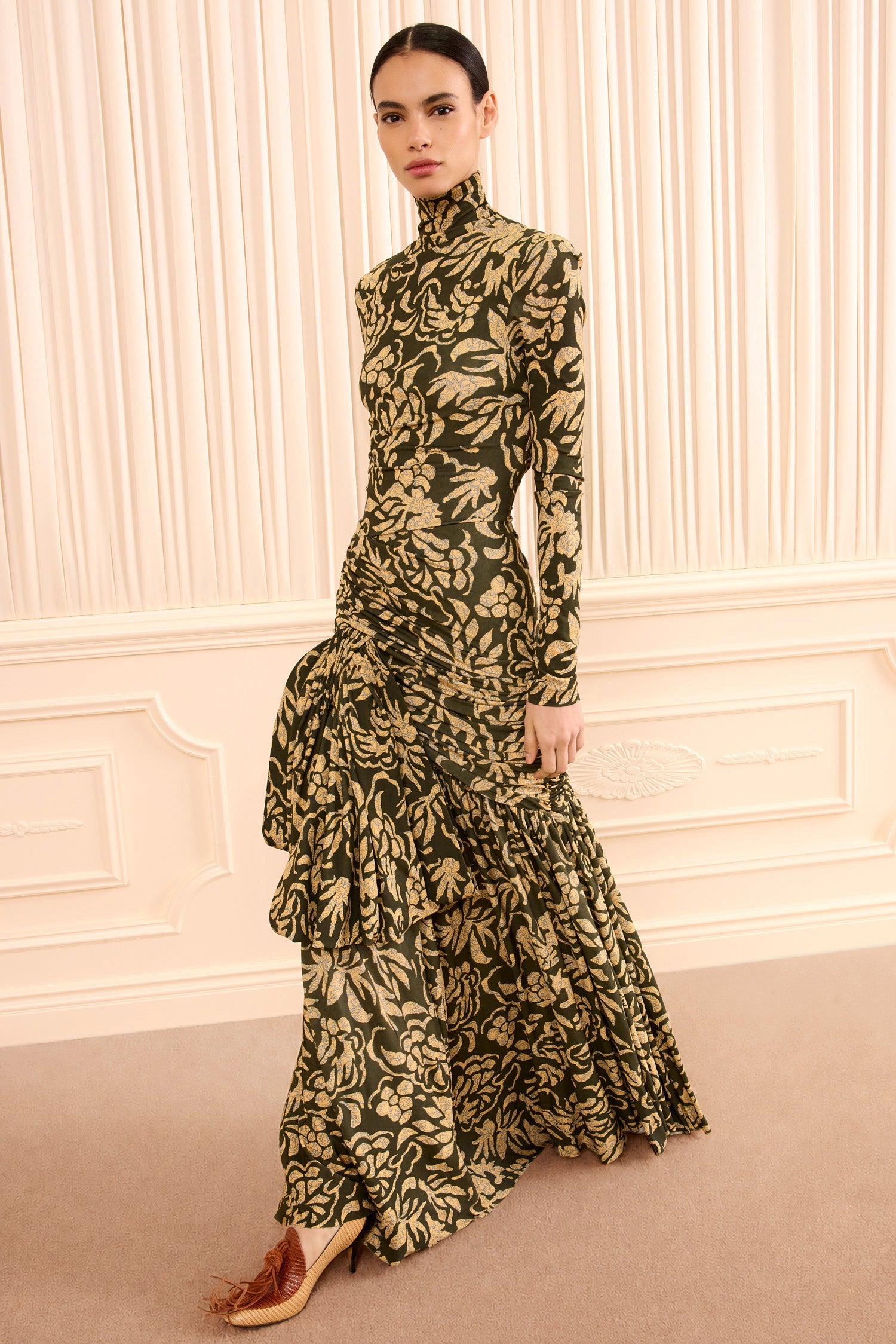 Ulla Johnson Khaki Floral Jersey Draped Dress - Three-Quarter Side View, On Model | Ulla Johnson
