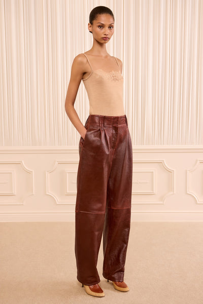 Cognac Lambskin Leather Trouser - Front Full-Length On Model | Ulla Johnson