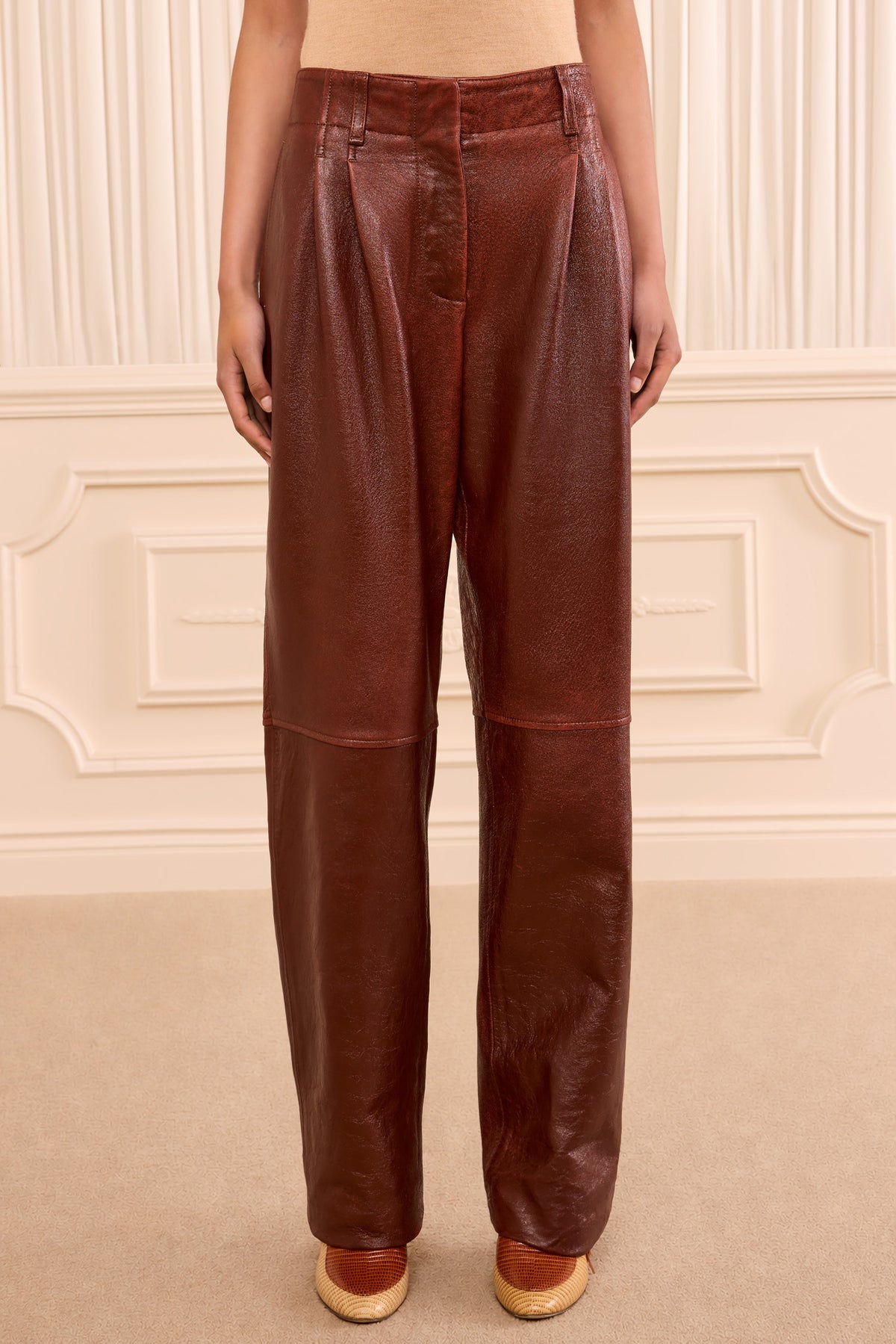 Cognac Lambskin Leather Trouser - Front Cropped On Model | Ulla Johnson