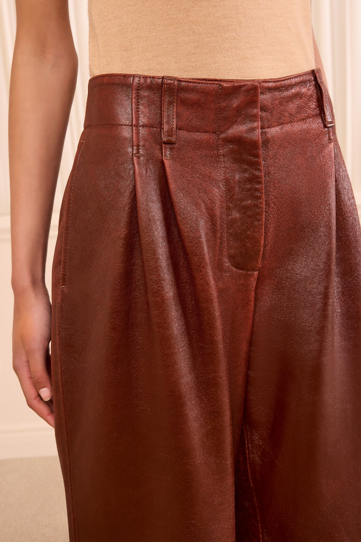 Cognac Glossed Lambskin Leather Trouser - Double-Pleat Waist Close-Up | Ulla Johnson
