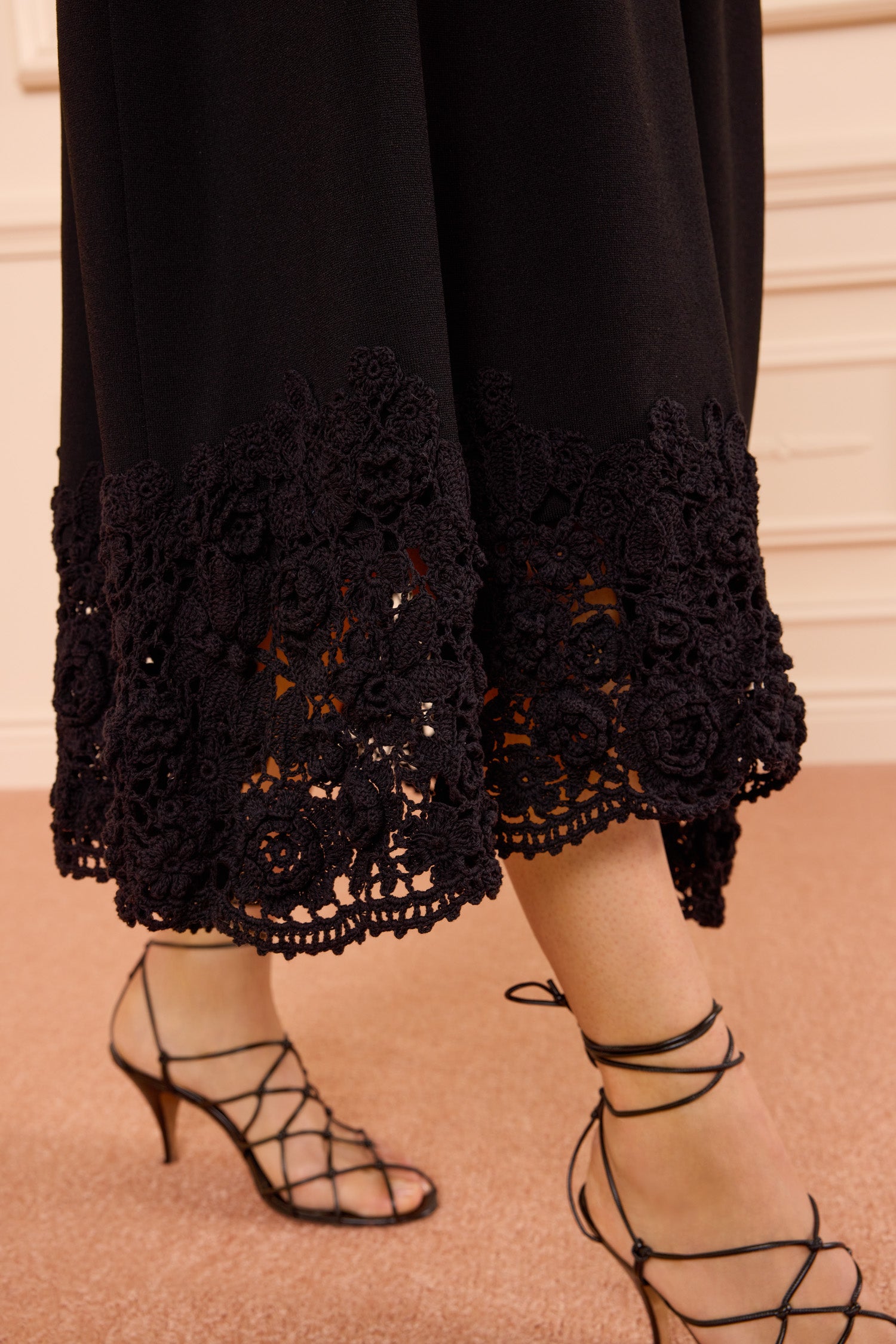 Ulla Johnson Black Crochet Midi Skirt Hem Detail - Floral Knit Trim Close-Up | Ulla Johnson