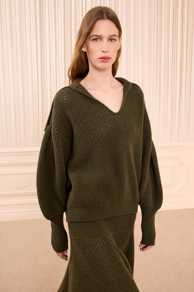 Militaire Mesh Wool Knit Pullover - Front View with Sculptural Sleeves | Ulla Johnson