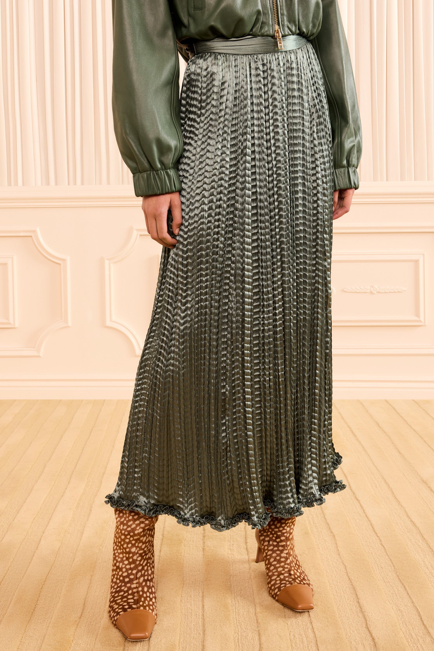Ulla Johnson Serpentine Satin Micro-Pleated Skirt, Ruffle Hem Close-Up On Model | Ulla Johnson