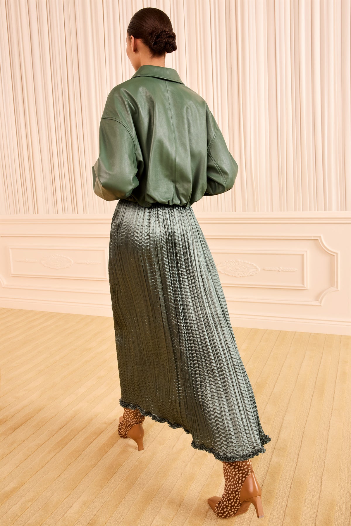 Serpentine Satin Pleated Midi Skirt - Back View On Model | Ulla Johnson