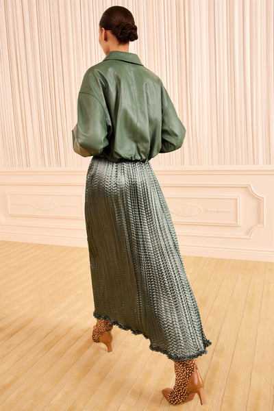 Serpentine Satin Pleated Midi Skirt - Back View On Model | Ulla Johnson