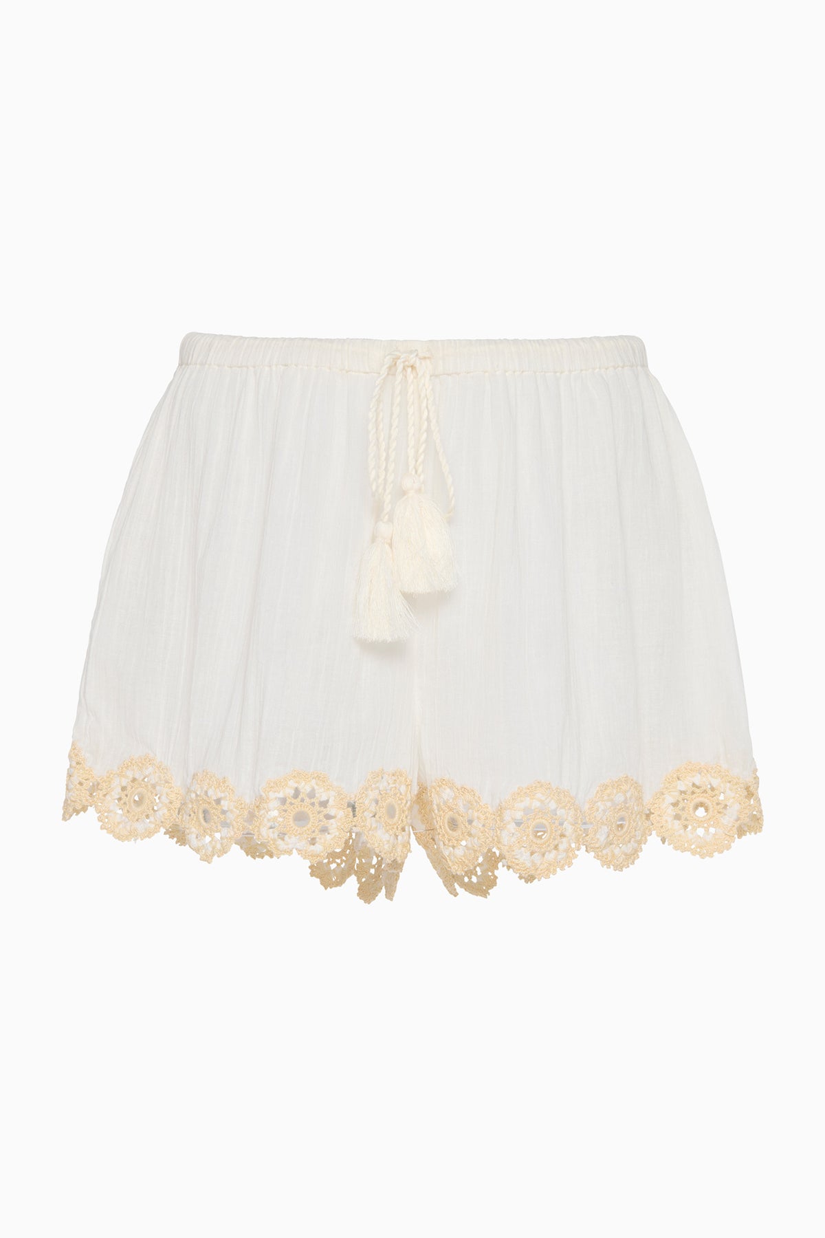Creme Cotton Gauze Designer Coverup Short with Scalloped Crochet Trim - Flat Lay | Ulla Johnson