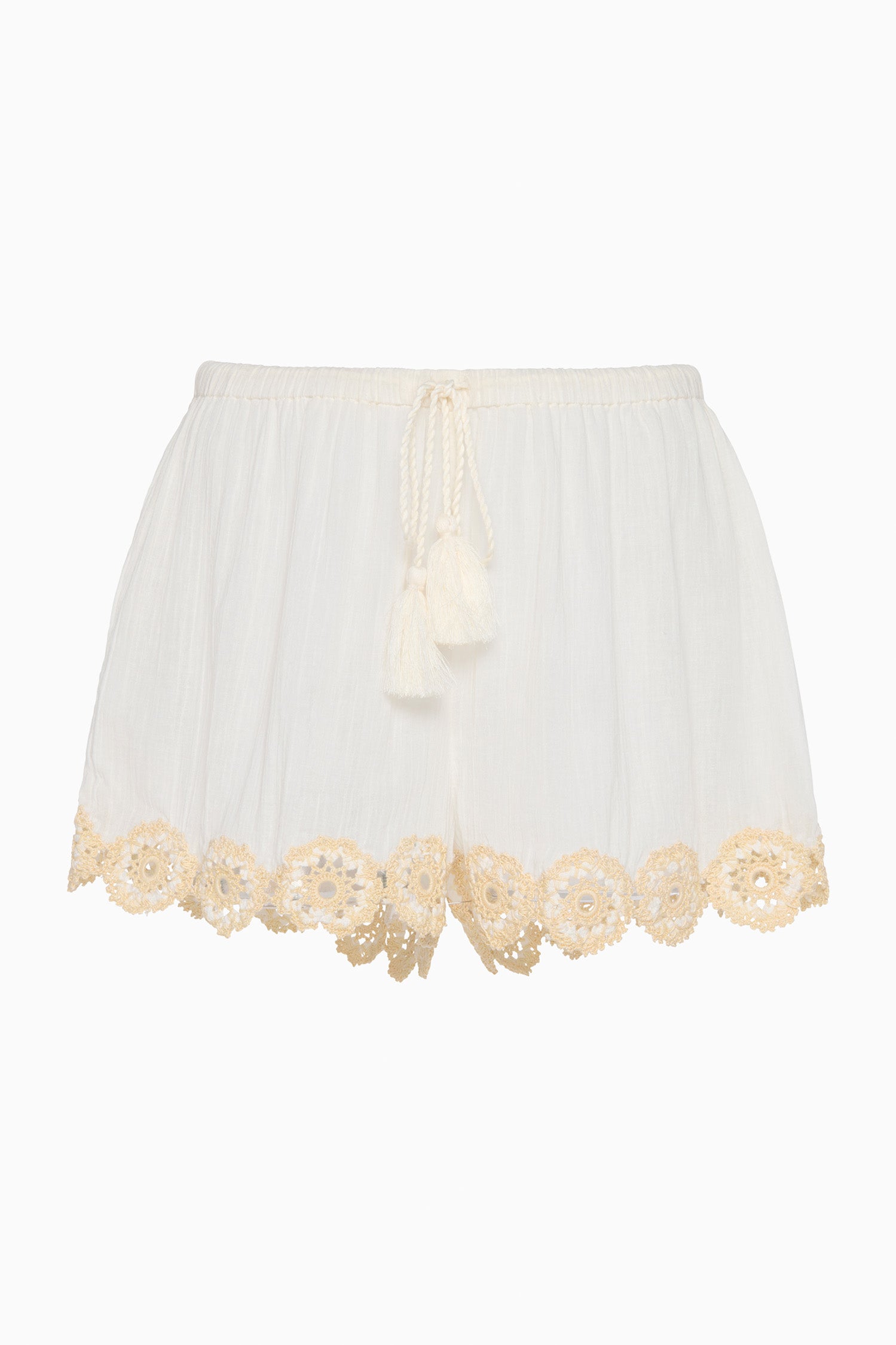 Ulla Johnson Creme Cotton Gauze Designer Coverup Short with Scalloped Crochet Trim - Flat Lay | Ulla Johnson