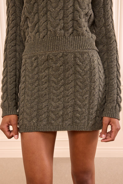 Militaire Green Wool Cashmere Cable Knit Skirt - Close-Up Texture Detail | Ulla Johnson