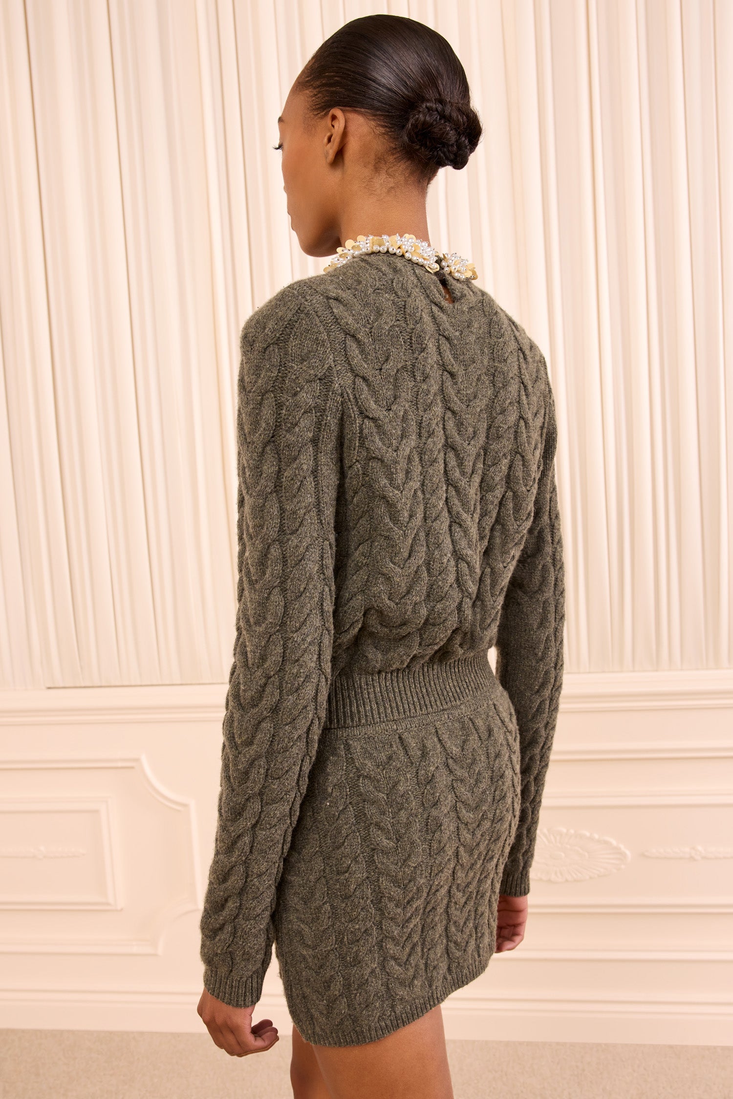 Ulla Johnson Militaire Green Designer Cable Knit Mini Skirt - Back View On Model | Ulla Johnson