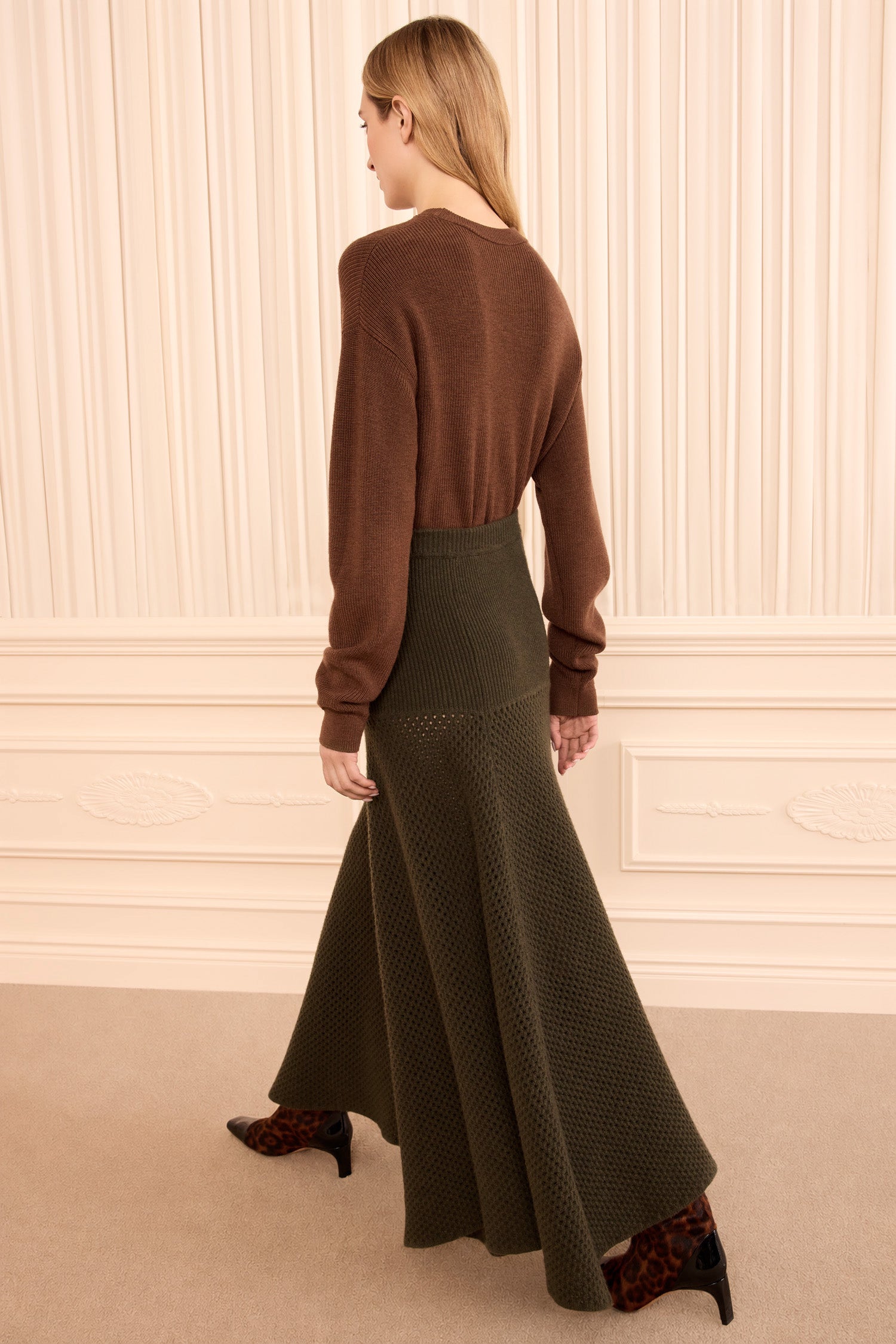 Ulla Johnson Militaire Mesh Wool Knit Skirt - Back View On Model | Ulla Johnson