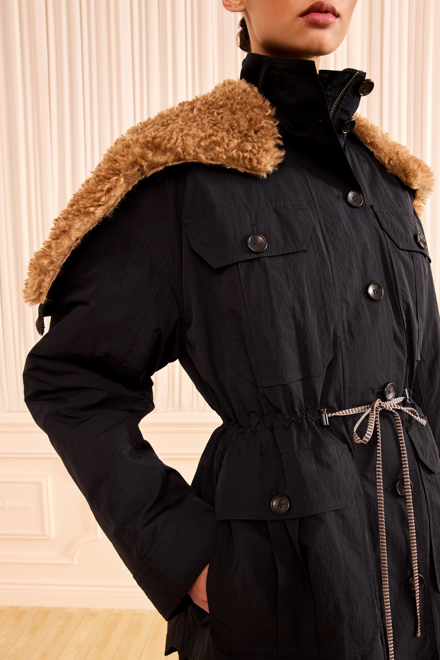 Ulla Johnson Noir Nylon Jacket, Fur Hood and Button Front Close-Up Detail | Ulla Johnson