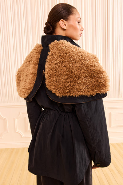 Noir Nylon Designer Jacket with Removable Fur Hood - Back View on Model | Ulla Johnson