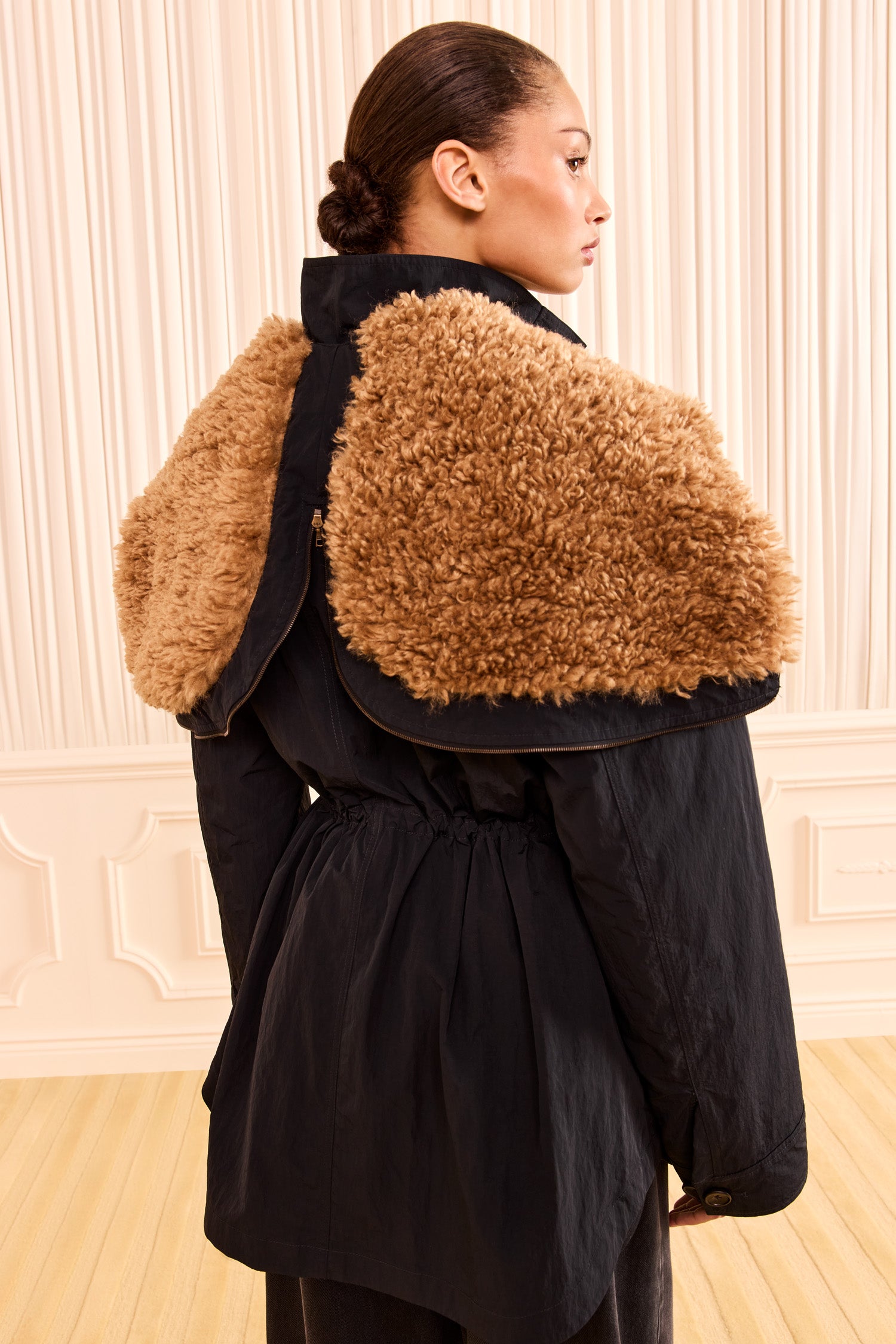 Ulla Johnson Noir Nylon Designer Jacket with Removable Fur Hood - Back View on Model | Ulla Johnson