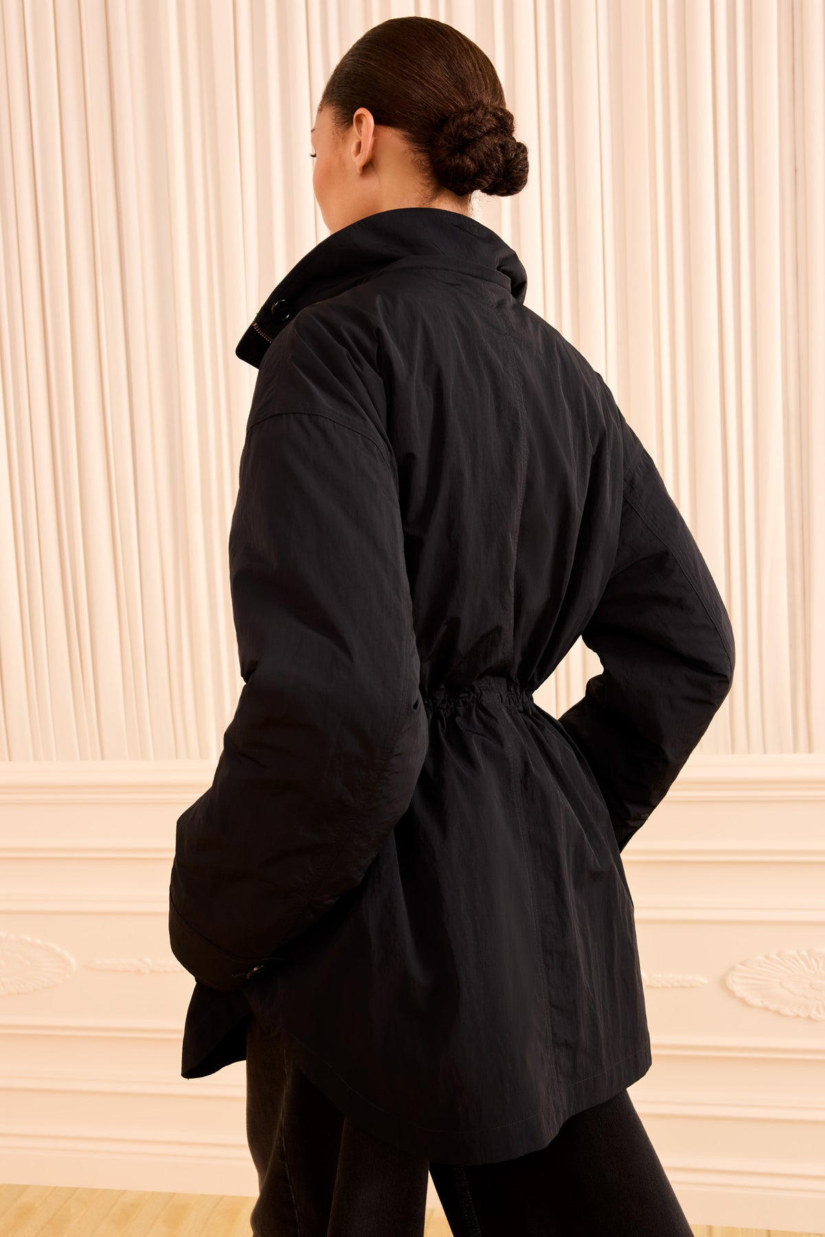 Noir Nylon Premium Jacket, Hood Removed - Back View on Model | Ulla Johnson
