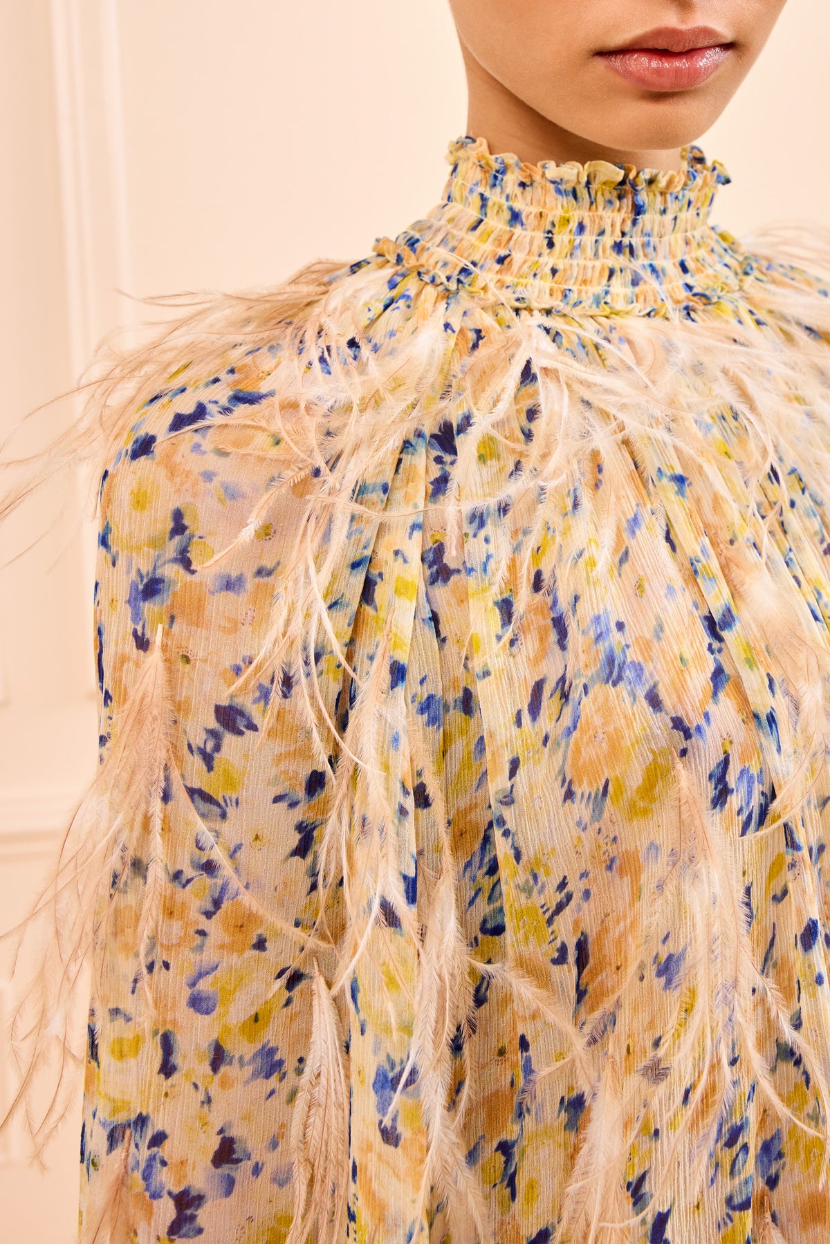 Miriam Dress Daffodil - Smocked Neckline & Feather Embroidery Close-Up Detail | Ulla Johnson