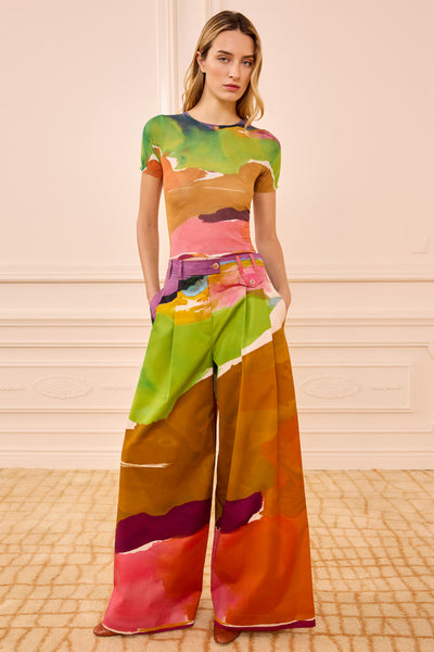 Pantalon large en coton designer multicolore à imprimé abstrait - Vue de face sur mannequin | Ulla Johnson