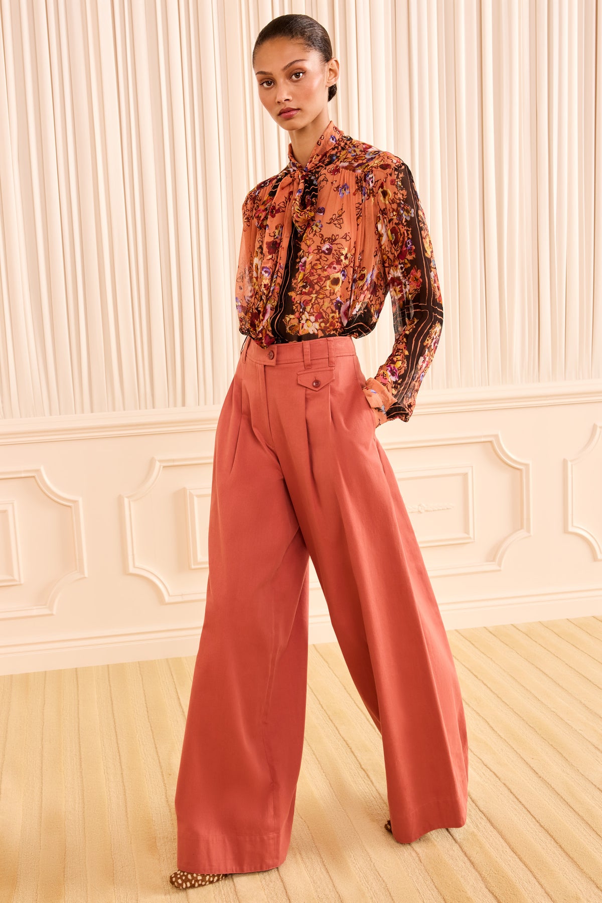 Bronze Cotton Twill Wide Leg Trouser - Front View On Model | Ulla Johnson