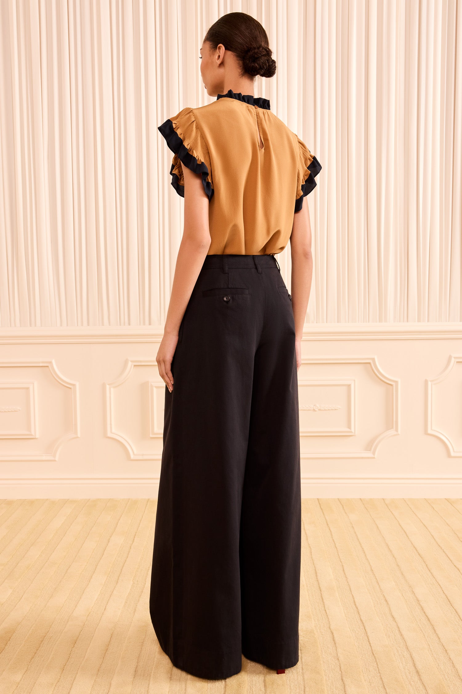 Ulla Johnson Noir Cotton Twill Wide Leg Trouser - Back View On Model | Ulla Johnson