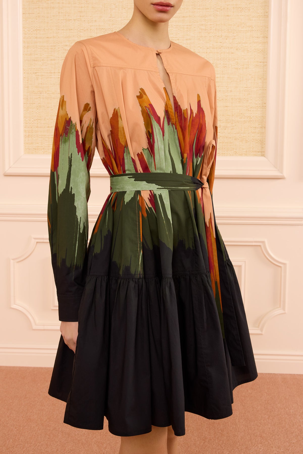 Agate Cotton Mini Dress Dip-Dyed Print Detail, Long Sleeve - Close-Up Front | Ulla Johnson