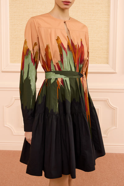 Agate Cotton Mini Dress Dip-Dyed Print Detail, Long Sleeve - Close-Up Front | Ulla Johnson