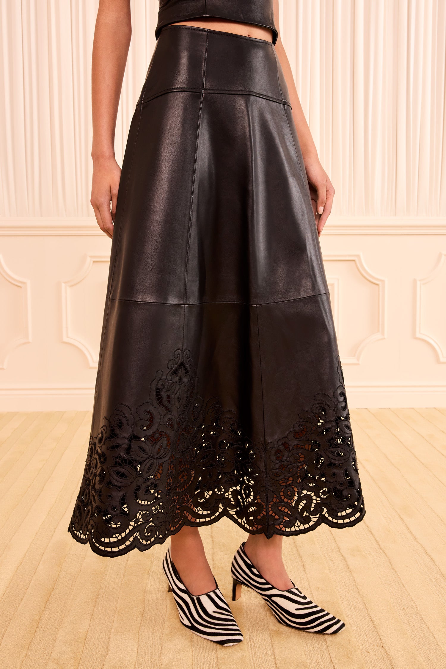 Ulla Johnson Noir Leather Maxi Skirt - Lace Cutwork Hem Detail, On Model | Ulla Johnson