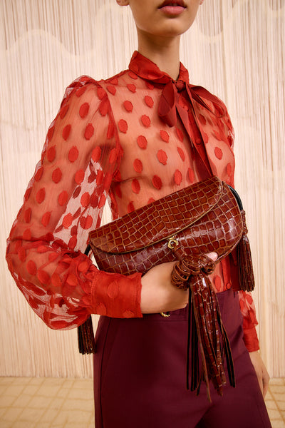 Designer Paloma Tassel Flap Bag in Chestnut Croc Leather - Clutch Carry Detail | Ulla Johnson