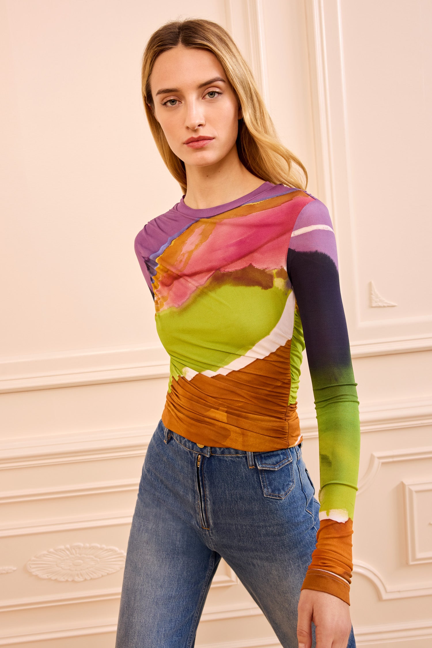 Ulla Johnson Multicolor Ruched Jersey Long Sleeve Top - Side View, Designer Printed Top | Ulla Johnson