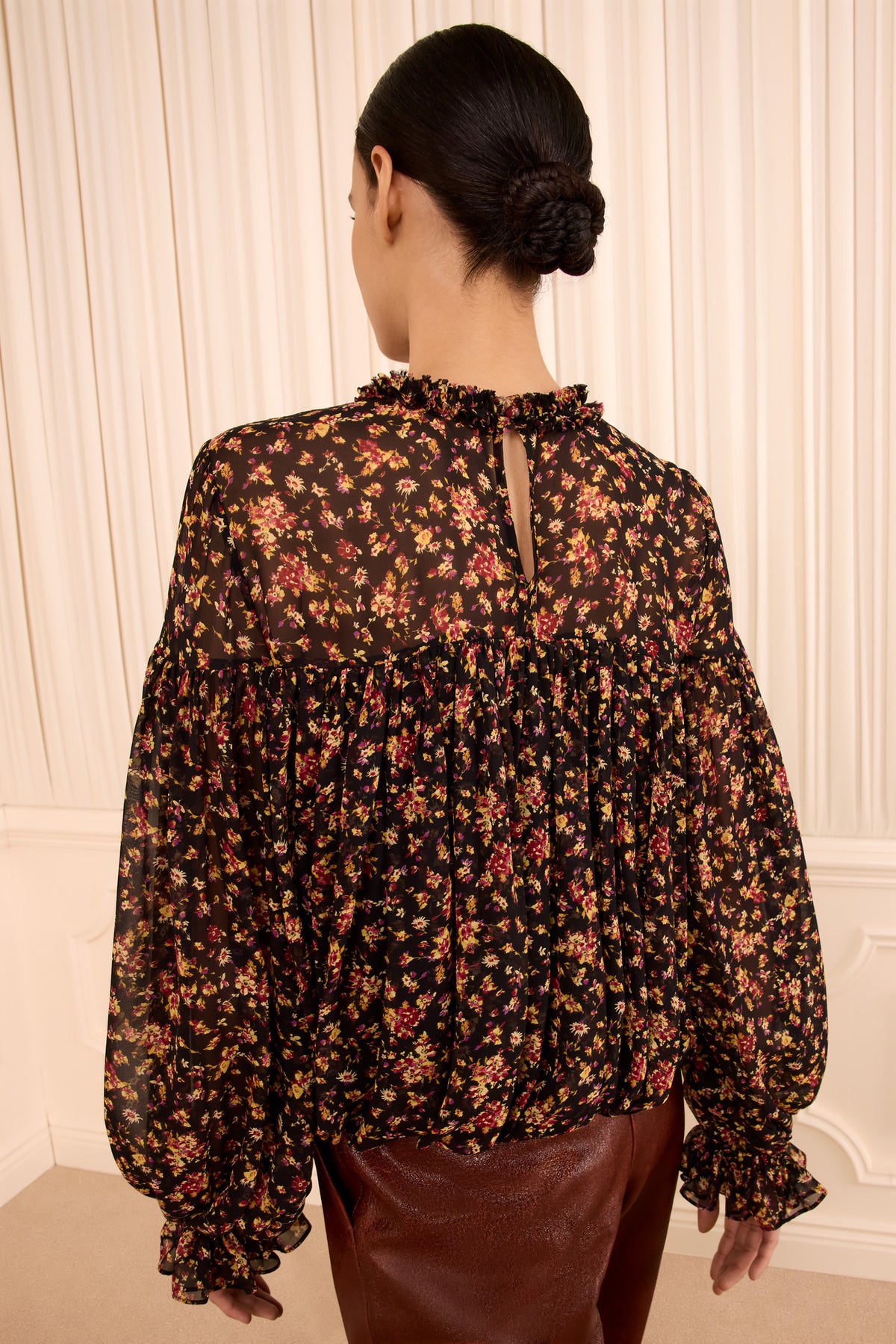 Black Mille Fleur Silk Blouse - Back View Ribbon Tie Neck Detail | Ulla Johnson